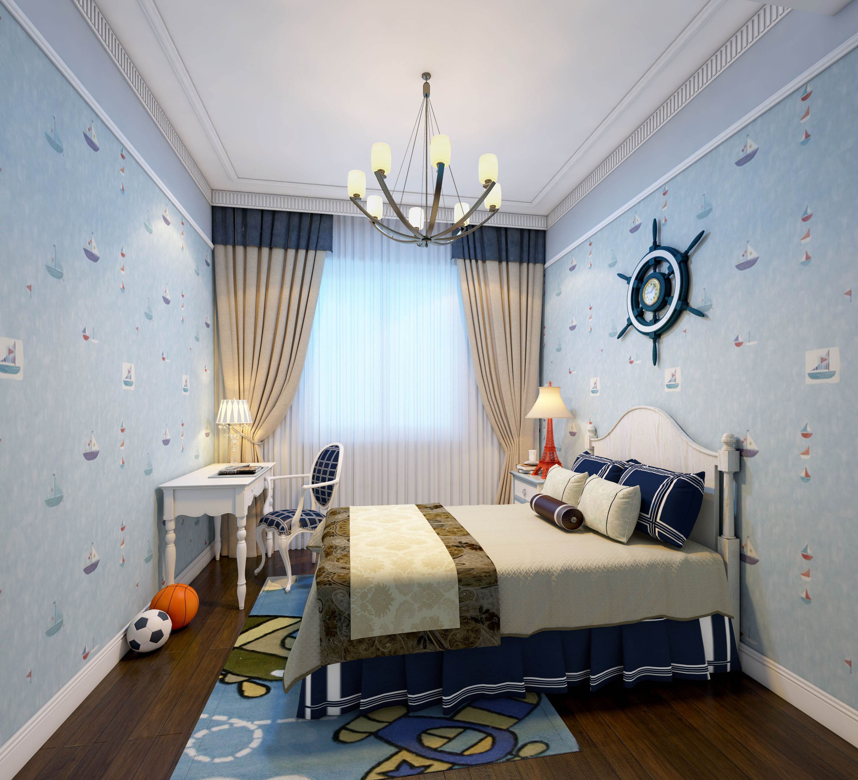 120平米房子儿童房地中海风格床头壁纸装修效果图