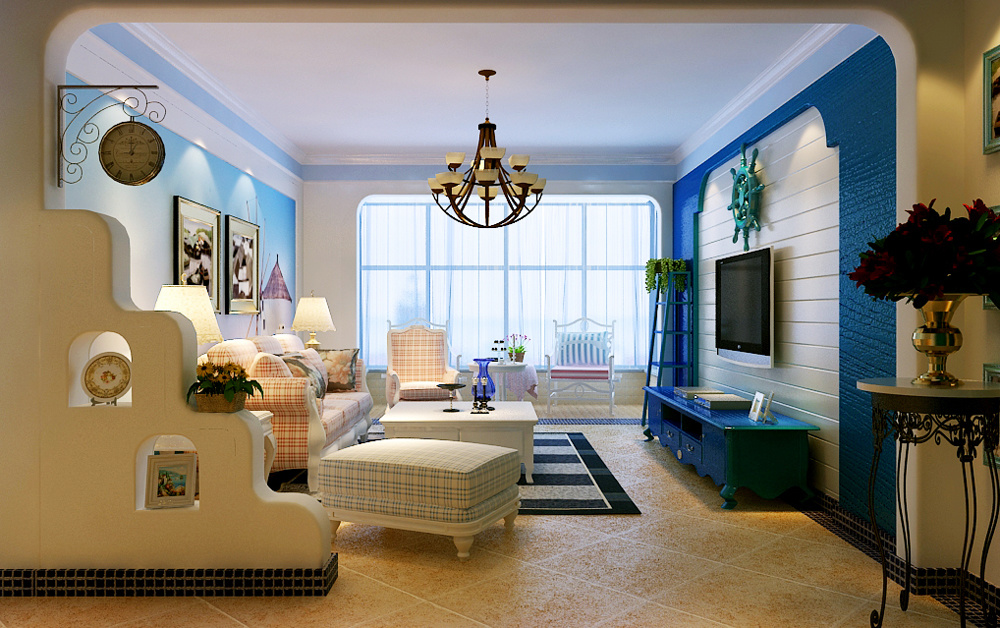 地中海风格大户型室内客厅窗帘设计装修效果图