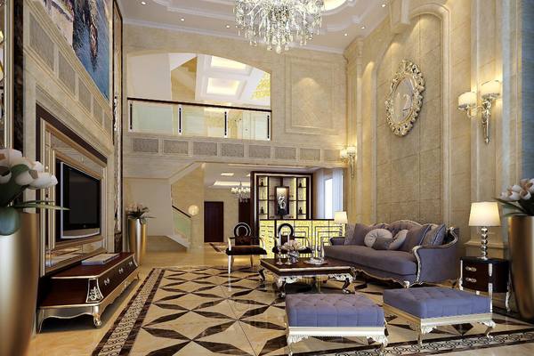 600平别墅美式奢华风格挑高客厅背景墙装修效果图
