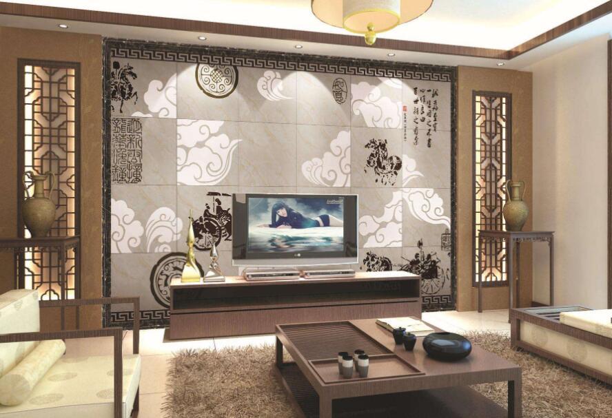85平中式风格客厅电视背景墙绘画设计效果图