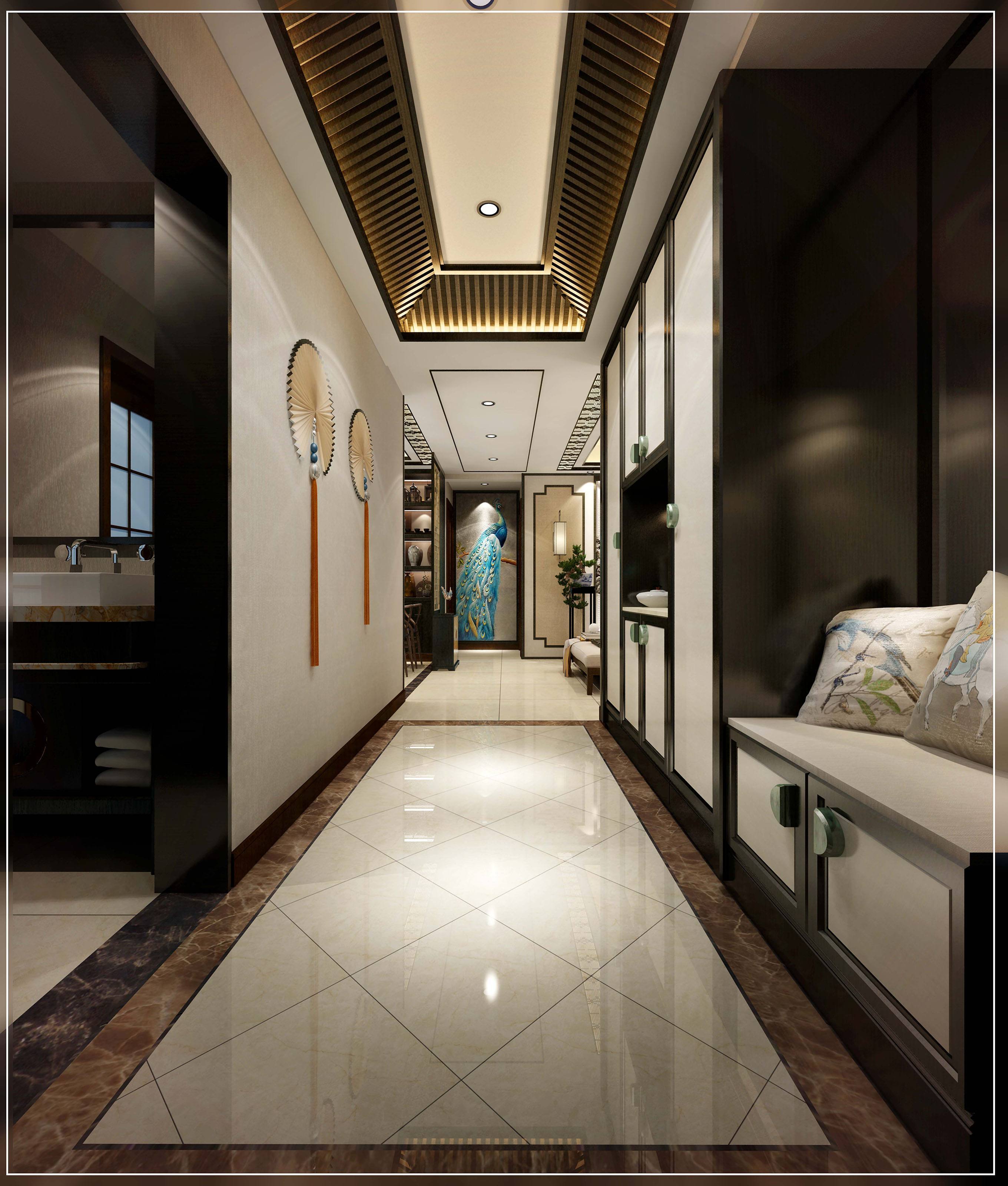 90平复古中式风格房子走廊橱柜设计装修效果图
