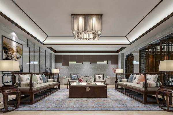 180平米新中式别墅客厅地面装修效果图