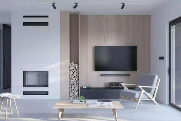 108平现代都市风格客厅木质电视背景墙唯美效果图