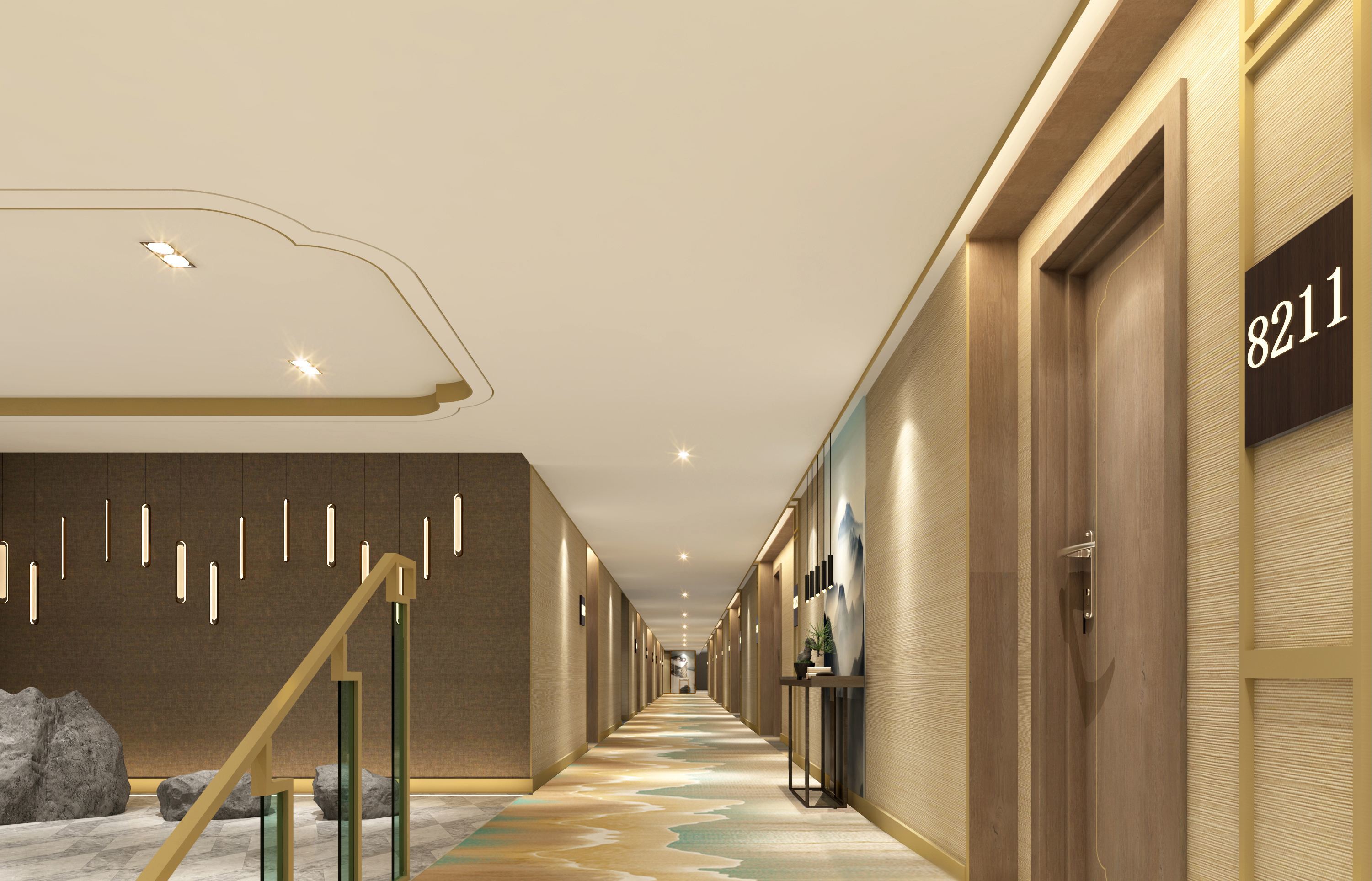 800平新中式风格房屋走廊装修效果图