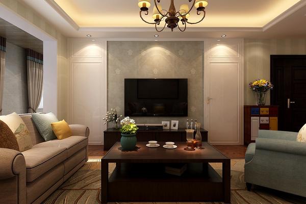 120平三居室美式复古风格客厅隐形电视背景墙效果图