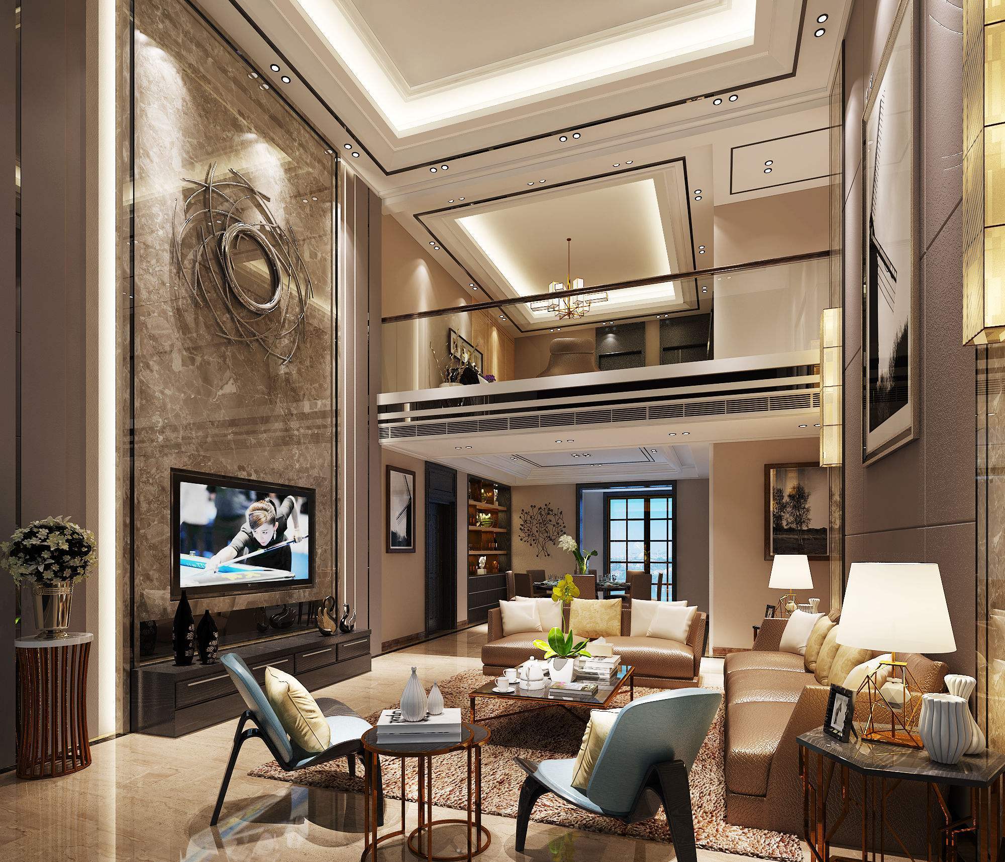 450平别墅现代时尚风格挑高客厅背景墙装修效果图