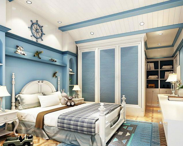 30平米地中海简约蓝白色系卧室衣柜装饰图