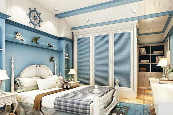 30平米地中海简约蓝白色系卧室衣柜装饰图