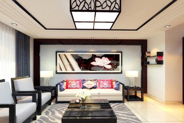 97平中式风格客厅沙发背景装饰画图片欣赏
