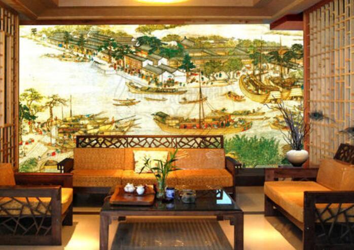 92平中式风格山水壁画客厅背景墙图片欣赏