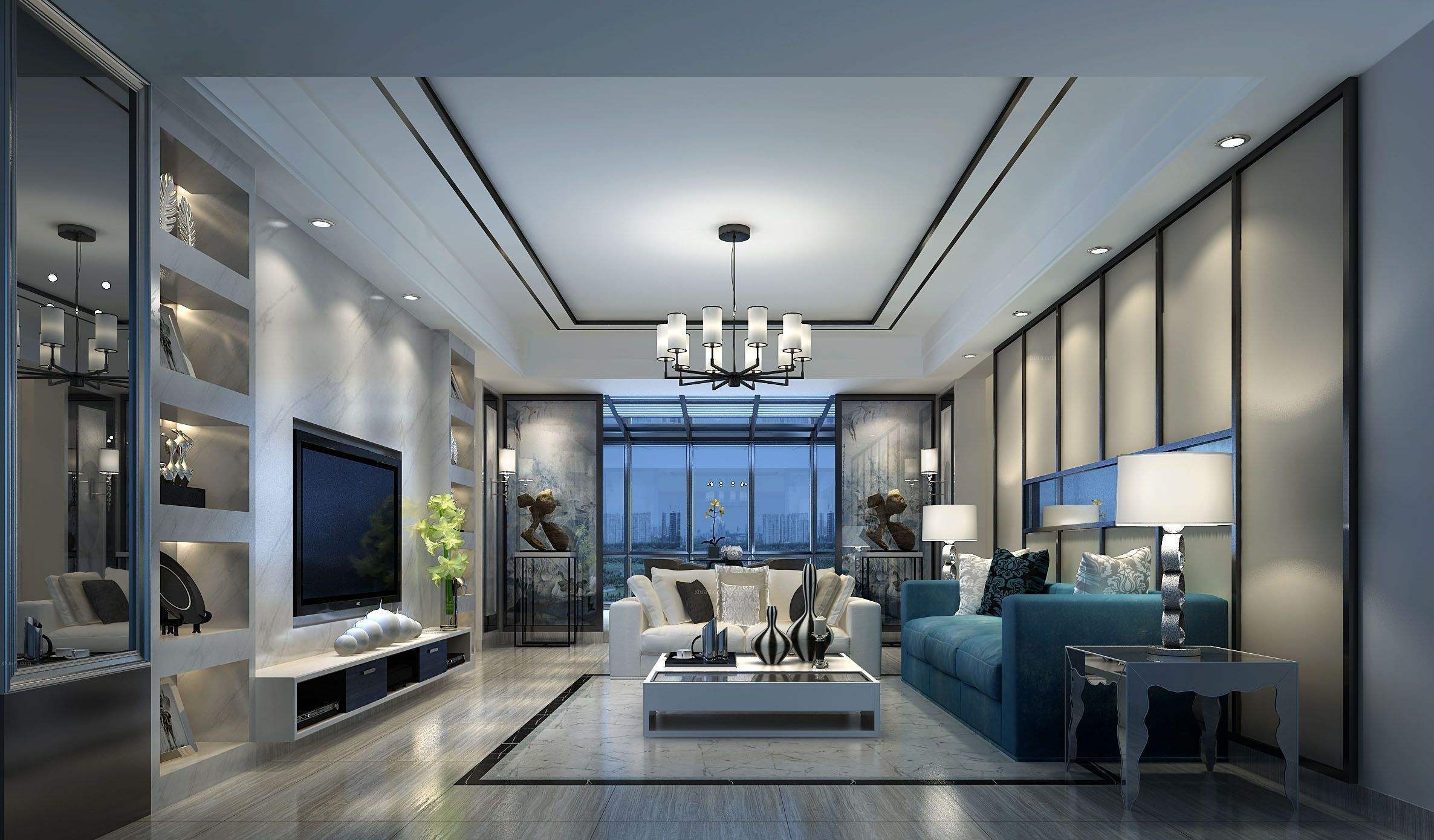 180平米跃层现代简欧风格客厅吊顶筒灯装修效果图