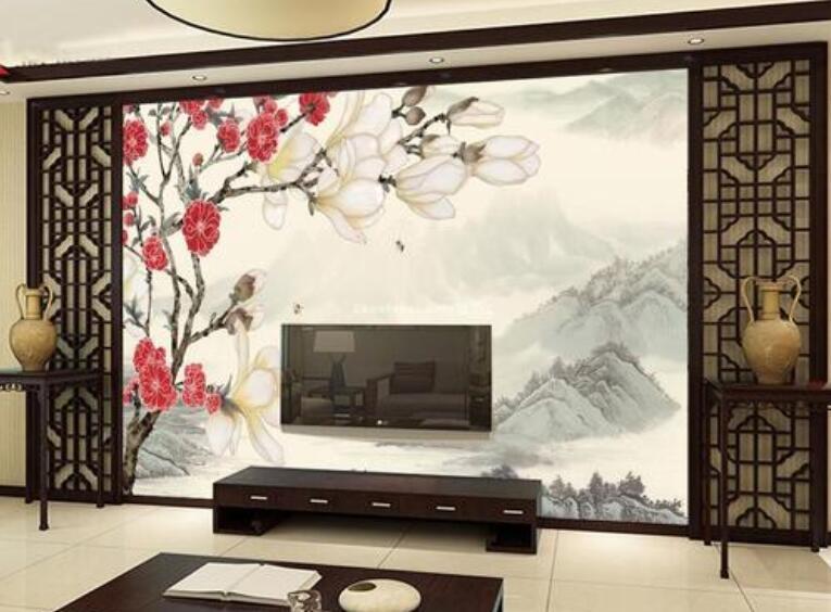 104平中式风格客厅电视背景墙绘画装修效果图