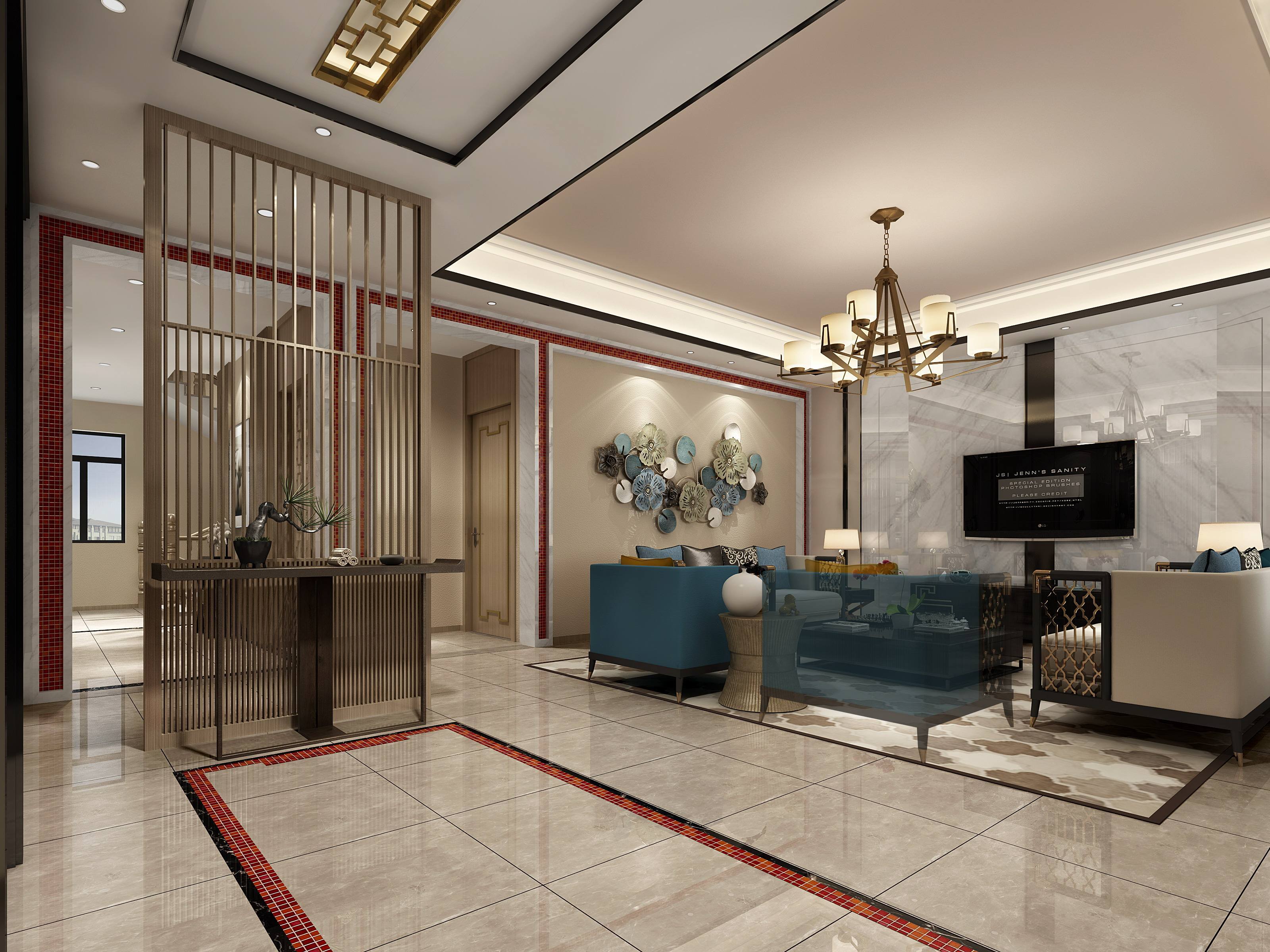 220平米新中式别墅客厅地面装修效果图_猎装网装修平台