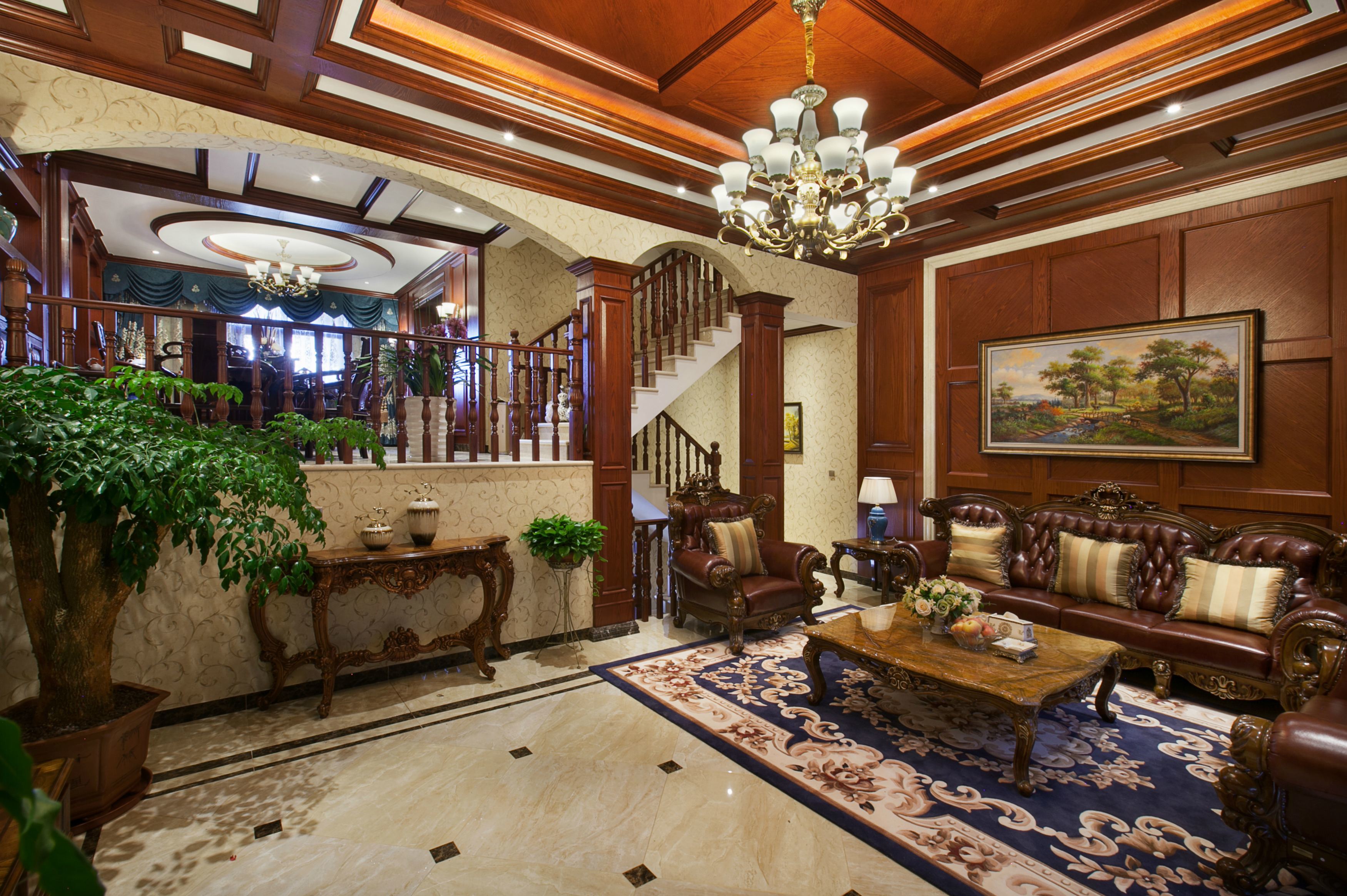 400平别墅美式古典风格客厅硬包背景墙装修效果图