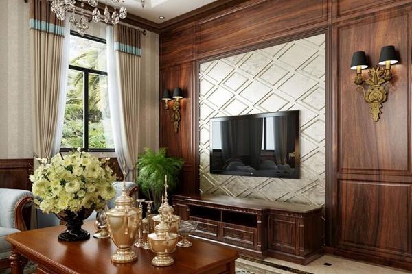 90平美式风格客厅木质电视背景墙图片