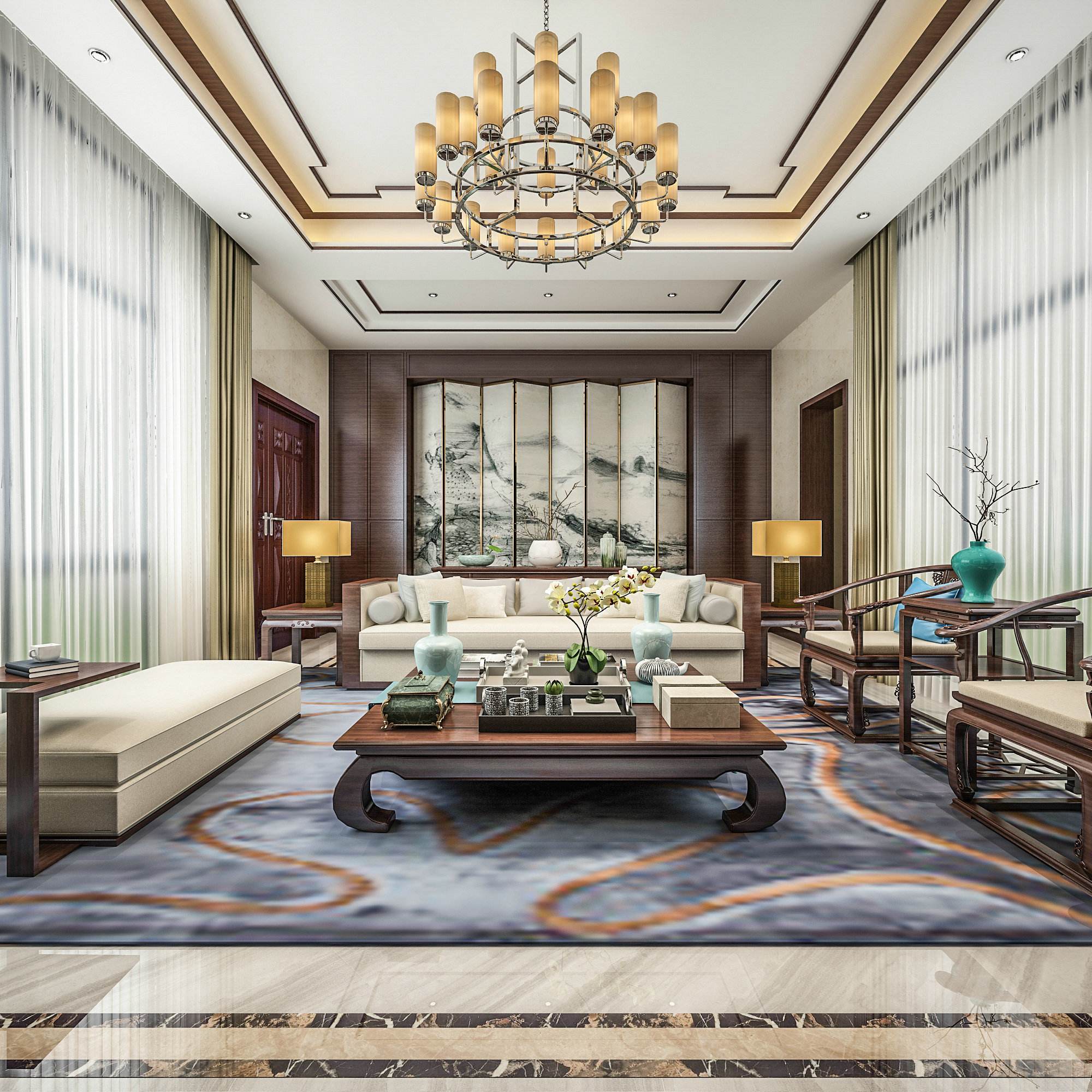 190平新中式别墅客厅窗帘装修效果图