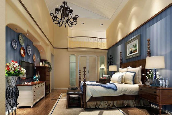 30平米浪漫蓝色纯正地中海风格卧室装修效果图