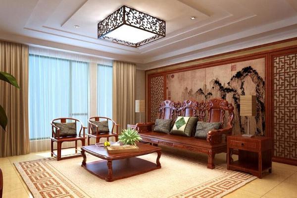 85平中式风格客厅沙发背景装饰画设计效果图