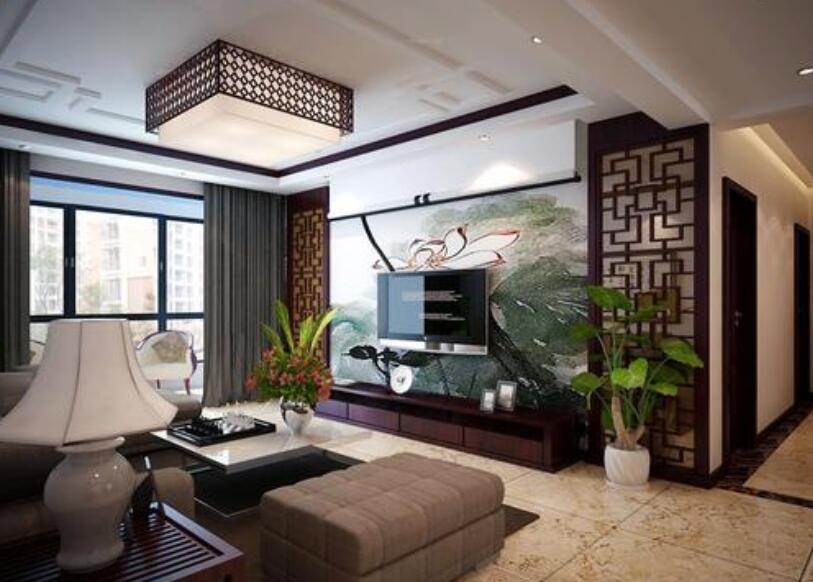 108平中式风格客厅高档电视背景墙装修效果图