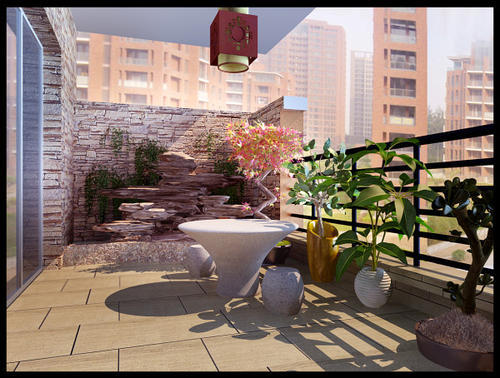 7平米新中式阳台花园装修效果图