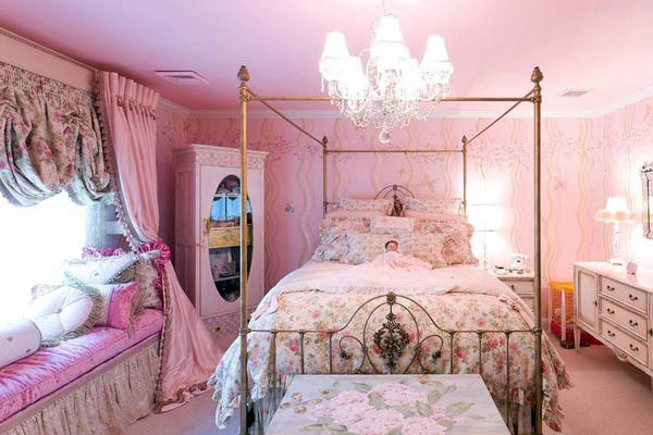 粉色田园风格浪漫小屋卧室布置效果图