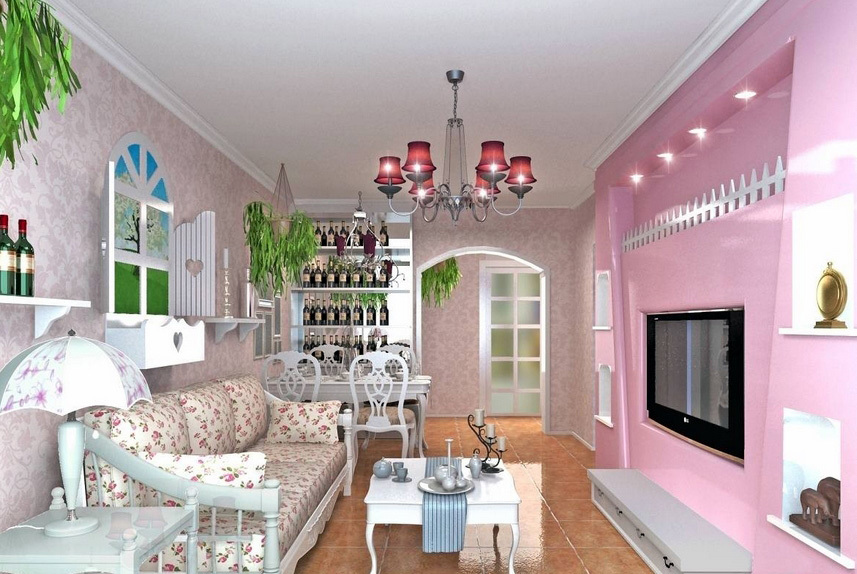 粉色田园风格小客厅装修效果图片