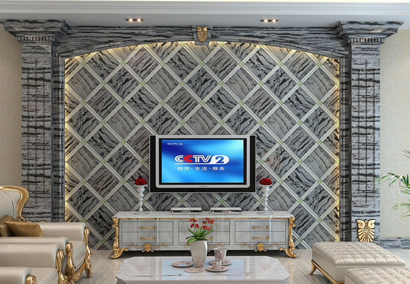 简欧豪华别墅客厅个性电视墙设计效果图