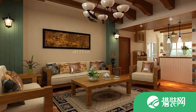 东南亚风格设计时尚客厅组合沙发实木吊顶装修图