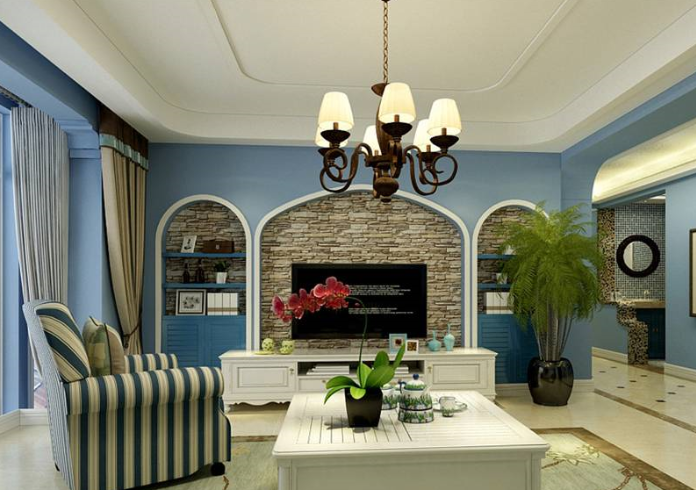 蓝色简约地中海风格客厅背景墙装修效果图