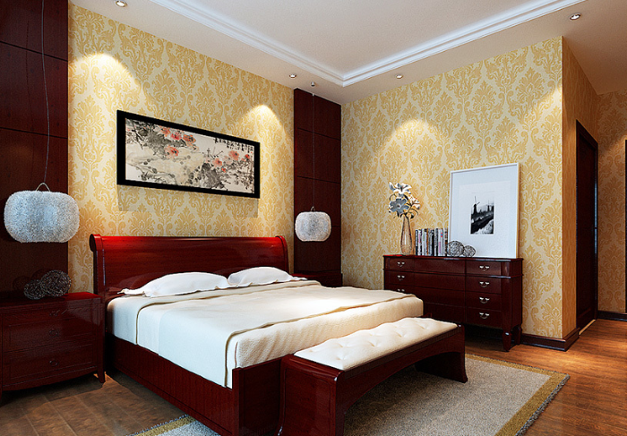 中式风格卧室床头挂画装修设计图