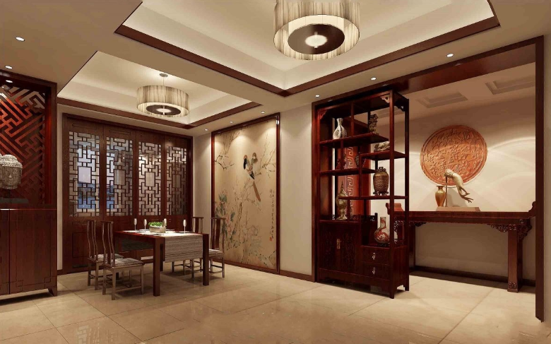 中式简约餐厅博古架装修设计图