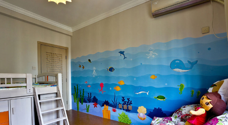 蓝色海洋儿童房手绘墙设计效果图