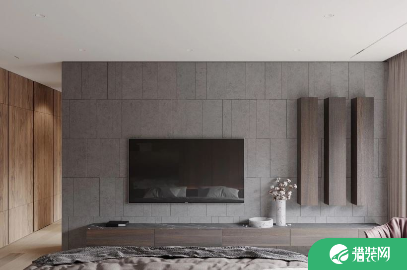 复式住宅，胡桃木色饰面板+深灰色岩板，简单又有高级感