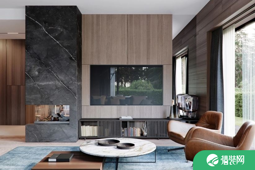 复式住宅，胡桃木色饰面板+深灰色岩板，简单又有高级感